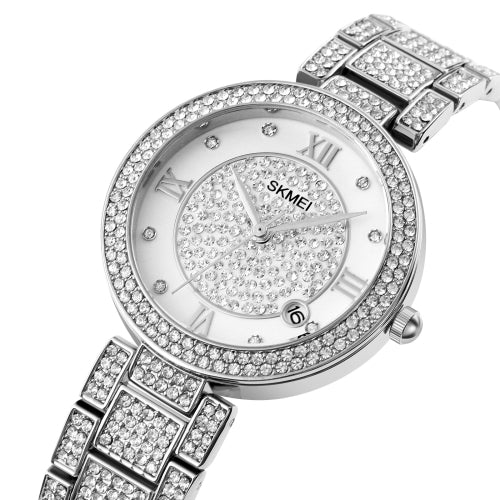 SKMEI 1739 Diamond Roman Numerals Round Dial Quartz Watch for Ladies(Silver)