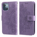 7-petal Flowers Embossing Pattern Horizontal Flip PU Leather Case with Holder & Card Slots & Wallet & Photo Frame For iPhone 13 Mini(Light Purple)