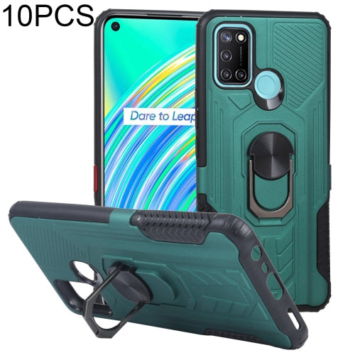 10 PCS Shield Armor PC+TPU Protective Case with 360 Degree Rotation Ring Holder For OPPO Realme C17(Cyan)
