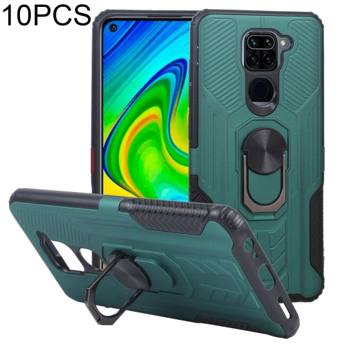 10 PCS Shield Armor PC+TPU Protective Case with 360 Degree Rotation Ring Holder For Xiaomi Redmi Note 9(Cyan)