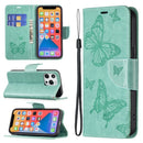 Embossing Two Butterflies Pattern Horizontal Flip PU Leather Case with Holder & Card Slot & Wallet & Lanyard For iPhone 13 Pro Max(Green)