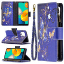 For Samsung Galaxy M32 Colored Drawing Pattern Zipper Horizontal Flip Leather Case with Holder & Card Slots & Wallet(Purple Butterfly)