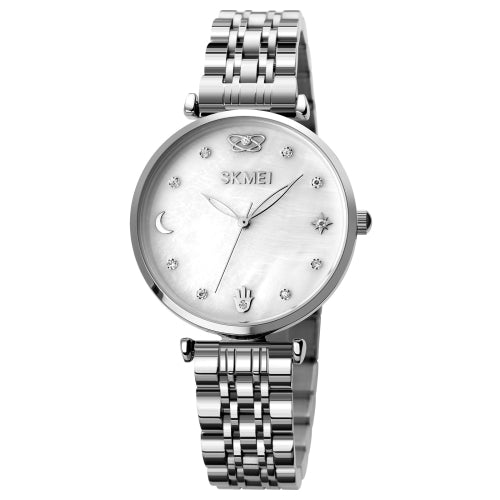 SKMEI 1800 Simple Diamond Round Dial Stainless Steel Strap Quartz Watch for Ladies(Silver)