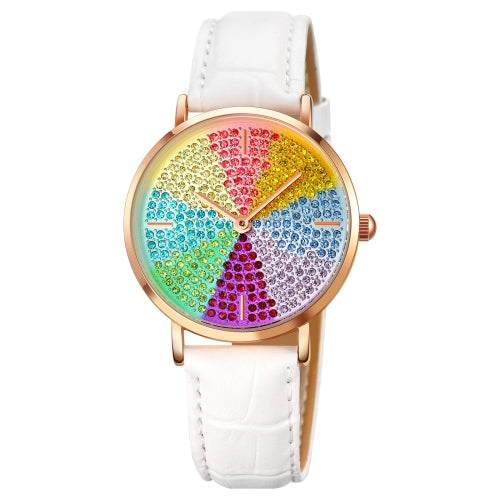 SKMEI 1811 Eight Color Diamond Round Dial Quartz Watch for Ladies(White Leather Belt)