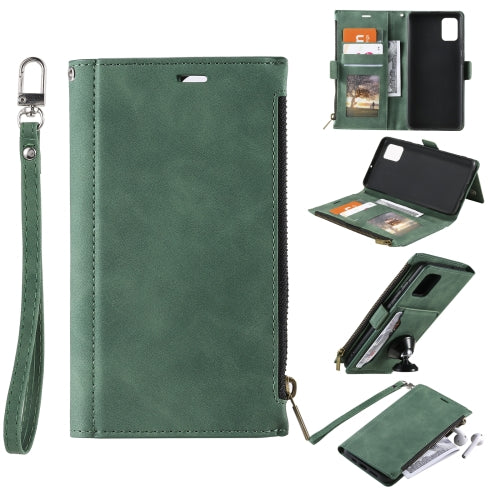 For Samsung Galaxy S20+ Side Zipper Back Card Horizontal Flip PU Leather Case with Card Slots & Wallet & Photo Frame & Lanyard(Green)