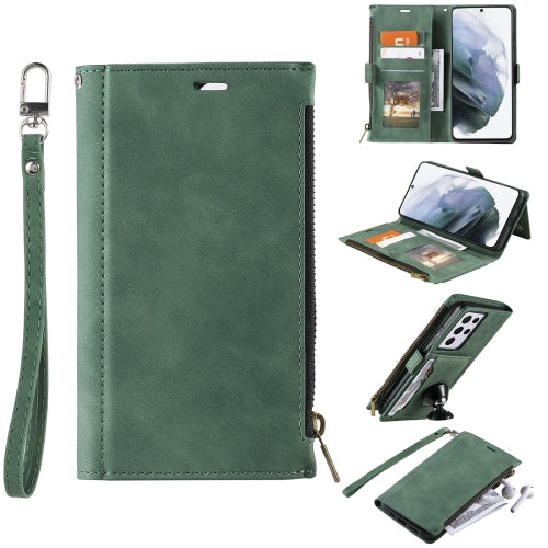 For Samsung Galaxy S21 Ultra 5G Side Zipper Back Card Horizontal Flip PU Leather Case with Card Slots & Wallet & Photo Frame & Lanyard(Green)
