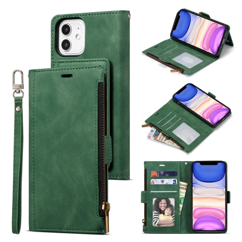Side Zipper Back Card Horizontal Flip PU Leather Case with Card Slots & Wallet & Photo Frame & Lanyard For iPhone 12 / 12 Pro(Green)