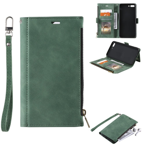 Side Zipper Back Card Horizontal Flip PU Leather Case with Card Slots & Wallet & Photo Frame & Lanyard For iPhone 8 Plus / 7 Plus(Green)