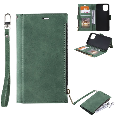 Side Zipper Back Card Horizontal Flip PU Leather Case with Card Slots & Wallet & Photo Frame & Lanyard For iPhone 13(Green)