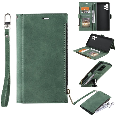 For Samsung Galaxy A32 4G Side Zipper Back Card Horizontal Flip PU Leather Case with Card Slots & Wallet & Photo Frame & Lanyard(Green)