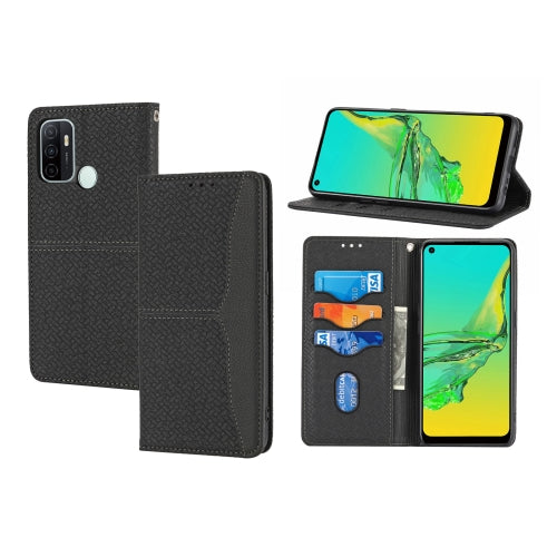 For OPPO A53 Woven Texture Stitching Magnetic Horizontal Flip PU Leather Case with Holder & Card Slots & Wallet & Lanyard(Black)