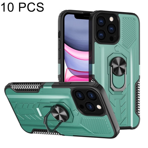 10 PCS Shield Armor PC+TPU Protective Case with 360 Degree Rotation Ring Holder For iPhone 13 Pro(Cyan)