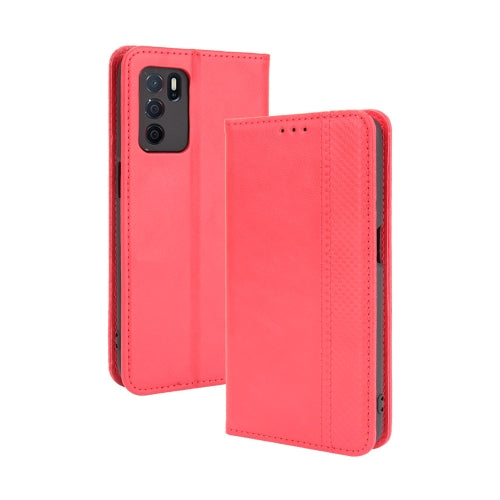 For OPPO A16 Magnetic Buckle Retro Crazy Horse Texture Horizontal Flip Leather Case with Holder & Card Slots & Photo Frame(Red)
