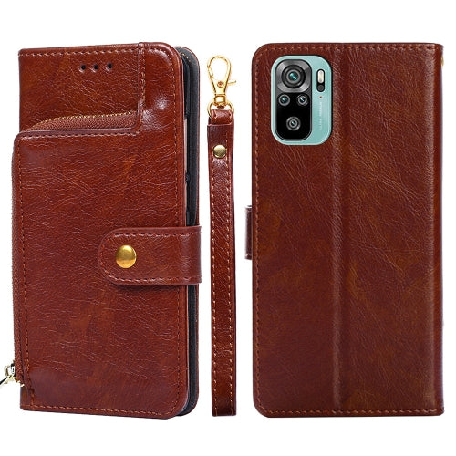 Zipper Bag PU + TPU Horizontal Flip Leather Case with Holder & Card Slot & Wallet & Lanyard For Xiaomi Redmi Note 10 4G / Note 10S(Brown)
