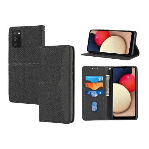 For Samsung Galaxy A02s 164mm Woven Texture Stitching Magnetic Horizontal Flip PU Leather Case with Holder & Card Slots & Wallet & Lanyard(Black)