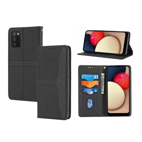 For Samsung Galaxy A03s Woven Texture Stitching Magnetic Horizontal Flip PU Leather Case with Holder & Card Slots & Wallet & Lanyard(Black)