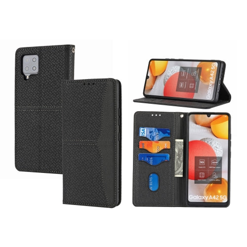 For Samsung Galaxy A22 5G Woven Texture Stitching Magnetic Horizontal Flip PU Leather Case with Holder & Card Slots & Wallet & Lanyard(Black)