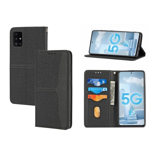 For Samsung Galaxy A51 Woven Texture Stitching Magnetic Horizontal Flip PU Leather Case with Holder & Card Slots & Wallet & Lanyard(Black)