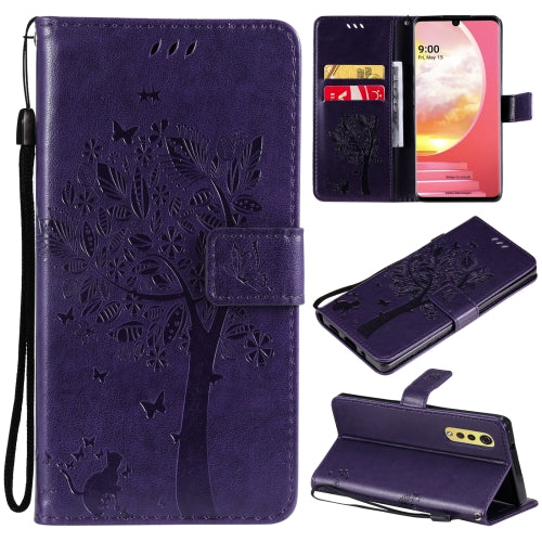 Tree & Cat Pattern Pressed Printing Horizontal Flip PU Leather Case with Holder & Card Slots & Wallet & Lanyard For LG Velvet 2 Pro(Purple)