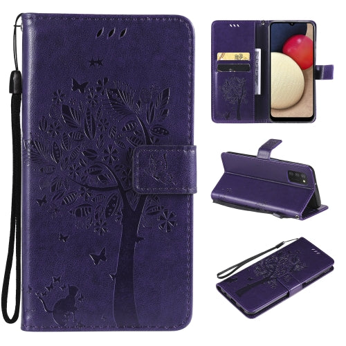 For Samsung Galaxy A03s 164mm Tree & Cat Pattern Pressed Printing Horizontal Flip PU Leather Case with Holder & Card Slots & Wallet & Lanyard(Purple)