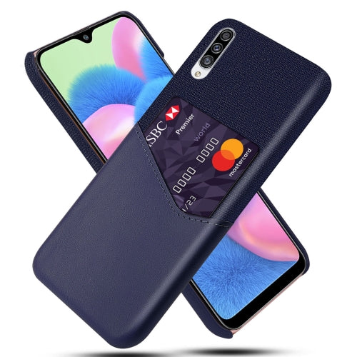 For Samsung Galaxy A30s Cloth Texture PC + PU Leather Back Cover Shockproof Case with Card Slot(Blue)