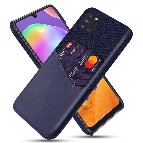 For Samsung Galaxy A31 Cloth Texture PC + PU Leather Back Cover Shockproof Case with Card Slot(Blue)