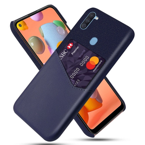 For Samsung Galaxy A11 Cloth Texture PC + PU Leather Back Cover Shockproof Case with Card Slot(Blue)