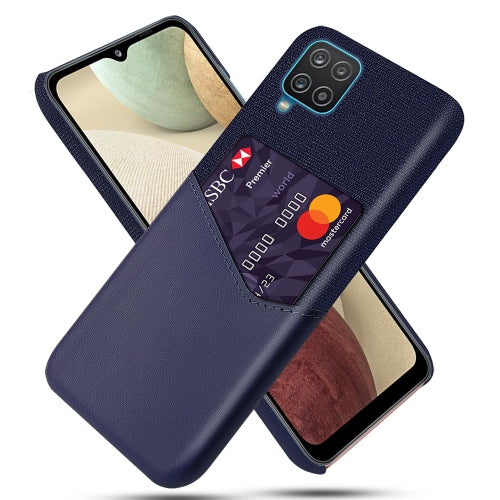 For Samsung Galaxy A12 Cloth Texture PC + PU Leather Back Cover Shockproof Case with Card Slot(Blue)
