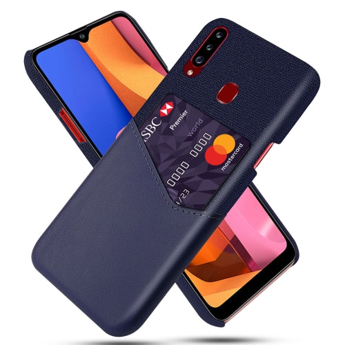 For Samsung Galaxy A20s Cloth Texture PC + PU Leather Back Cover Shockproof Case with Card Slot(Blue)