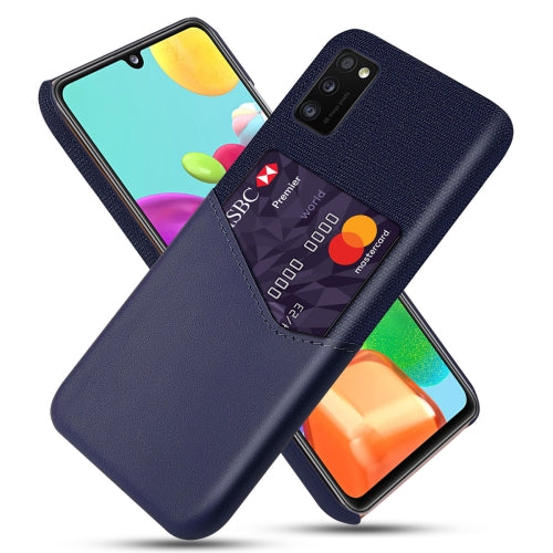 For Samsung Galaxy A41 Cloth Texture PC + PU Leather Back Cover Shockproof Case with Card Slot(Blue)