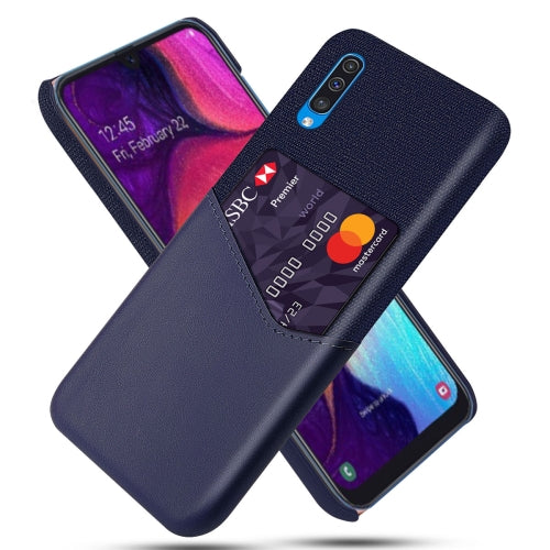 For Samsung Galaxy A50 Cloth Texture PC + PU Leather Back Cover Shockproof Case with Card Slot(Blue)