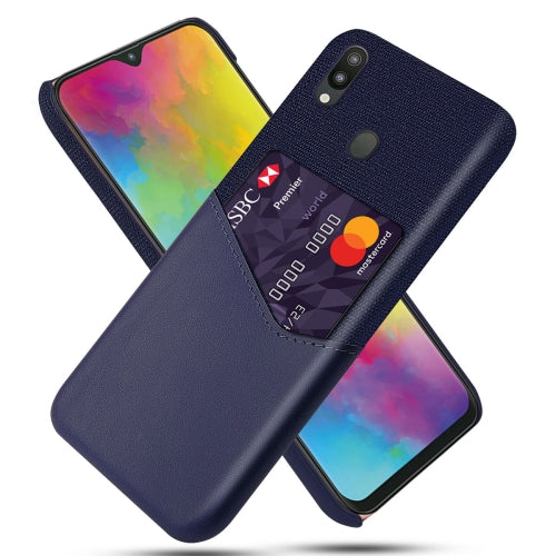 For Samsung Galaxy M20 Cloth Texture PC + PU Leather Back Cover Shockproof Case with Card Slot(Blue)