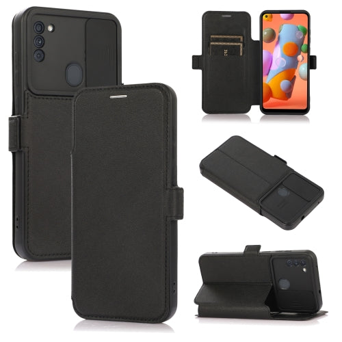 Push Window Double Buckle PU + Silicone Horizontal Flip Leather Case with Holder & Card Slot For Samsung Galaxy A11(Black)