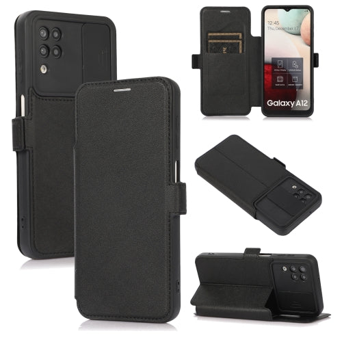 Push Window Double Buckle PU + Silicone Horizontal Flip Leather Case with Holder & Card Slot For Samsung Galaxy A12(Black)