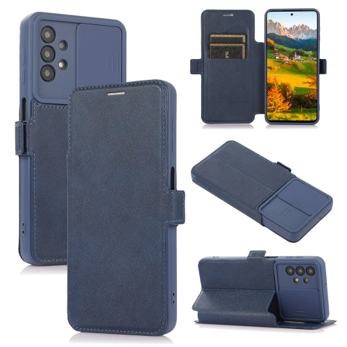 Push Window Double Buckle PU + Silicone Horizontal Flip Leather Case with Holder & Card Slot For Samsung Galaxy A32(Blue)