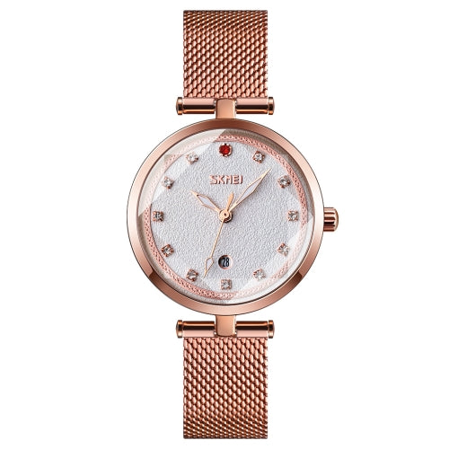 SKMEI 9215 Ladies 3D Glass Checkered Overlap Pattern Diamond Dial Quartz Watch(White)