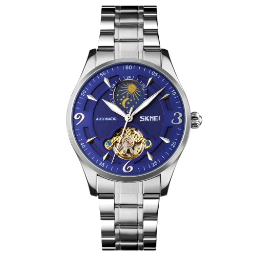 SKMEI 9239 Men Moonphase Stainless Steel Strap Automatic Mechanical Watch(Silver and Blue)