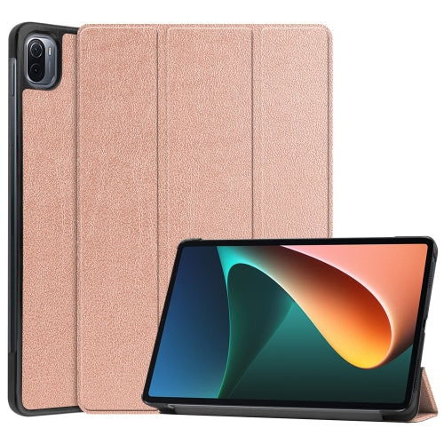 For Xiaomi Pad 5 Custer Texture Horizontal Flip Leather Case with Three-folding Holder & Sleep / Wake-up Function(Rose Gold)