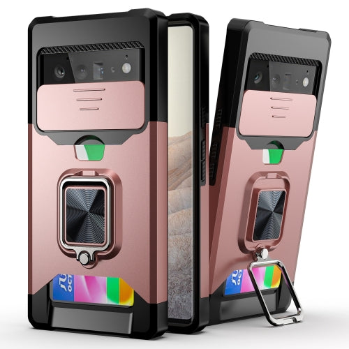 For Google Pixel 6 Pro Sliding Camera Cover Design PC + TPU Shockproof Case with Ring Holder & Card Slot(Rose Gold)