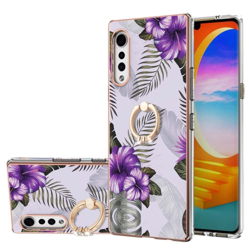 For LG Velvet 4G / Velvet 5G / G9 Electroplating Pattern IMD TPU Shockproof Case with Rhinestone Ring Holder(Purple Flower)