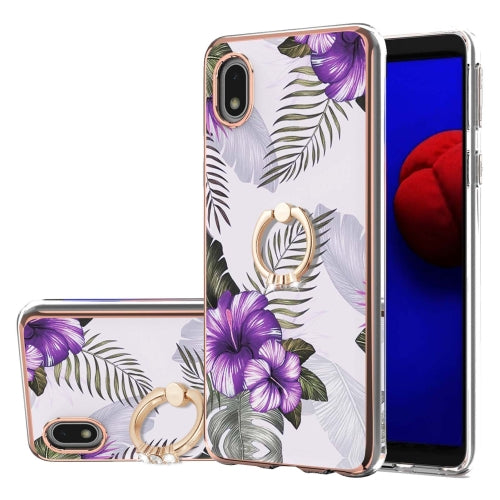 For Samsung Galaxy A01 Core Electroplating Pattern IMD TPU Shockproof Case with Rhinestone Ring Holder(Purple Flower)