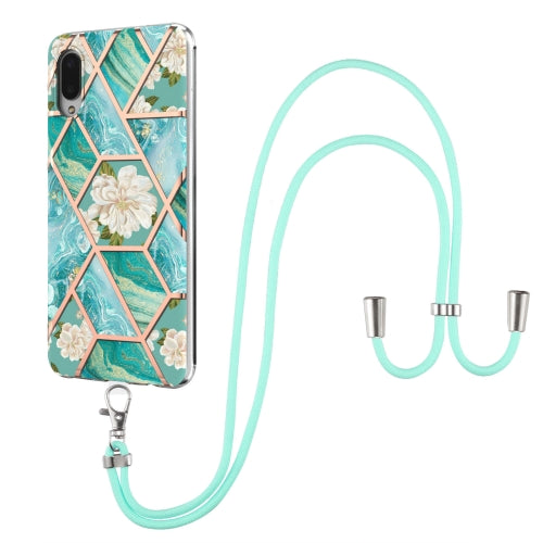 For Samsung Galaxy A02 / M02 Electroplating Splicing Marble Flower Pattern TPU Shockproof Case with Lanyard(Blue Flower)