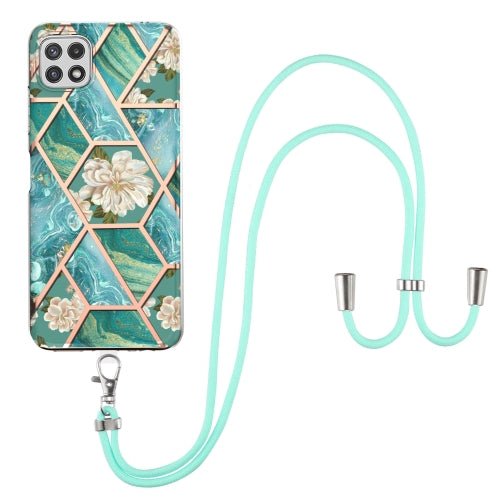 For Samsung Galaxy A22 5G US Version Electroplating Splicing Marble Flower Pattern TPU Shockproof Case with Lanyard(Blue Flower)