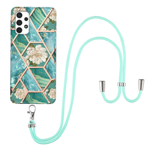 For Samsung Galaxy A32 4G EU Version Electroplating Splicing Marble Flower Pattern TPU Shockproof Case with Lanyard(Blue Flower)