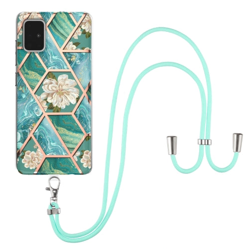 For Samsung Galaxy A51 Electroplating Splicing Marble Flower Pattern TPU Shockproof Case with Lanyard(Blue Flower)