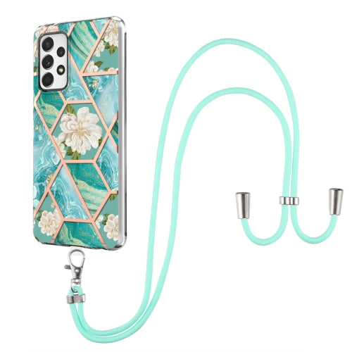 For Samsung Galaxy A52 5G / 4G Electroplating Splicing Marble Flower Pattern TPU Shockproof Case with Lanyard(Blue Flower)