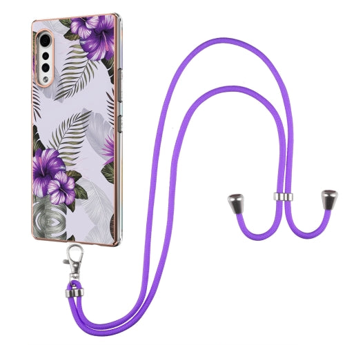 For LG Velvet 4G / Velvet 5G / G9 Electroplating Pattern IMD TPU Shockproof Case with Neck Lanyard(Purple Flower)