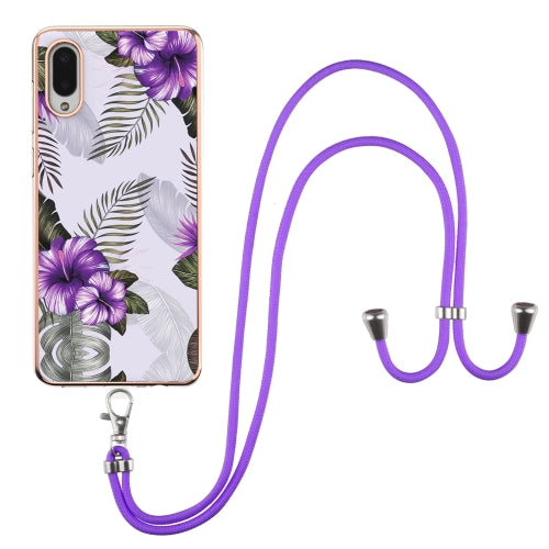 For Samsung Galaxy A02/M02 Electroplating Pattern IMD TPU Shockproof Case with Neck Lanyard(Purple Flower)