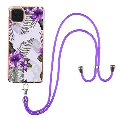 For Samsung Galaxy A12/M12/F12 Electroplating Pattern IMD TPU Shockproof Case with Neck Lanyard(Purple Flower)