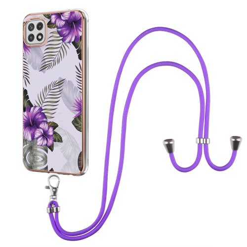 For Samsung Galaxy A22 5G US Version Electroplating Pattern IMD TPU Shockproof Case with Neck Lanyard(Purple Flower)